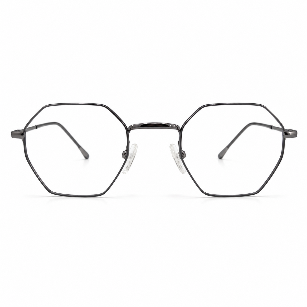 Blue silver hexagonal eyeglasses on a white background