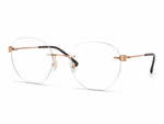 Rose gold rimless eyeglasses on a white background