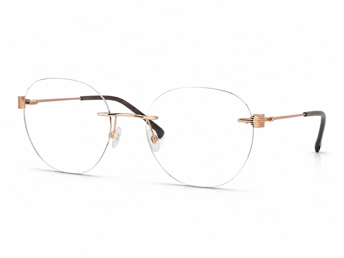 Rose gold rimless eyeglasses on a white background