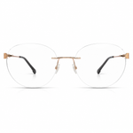 Round eyeglasses with rose gold frame and black arms on a white background
