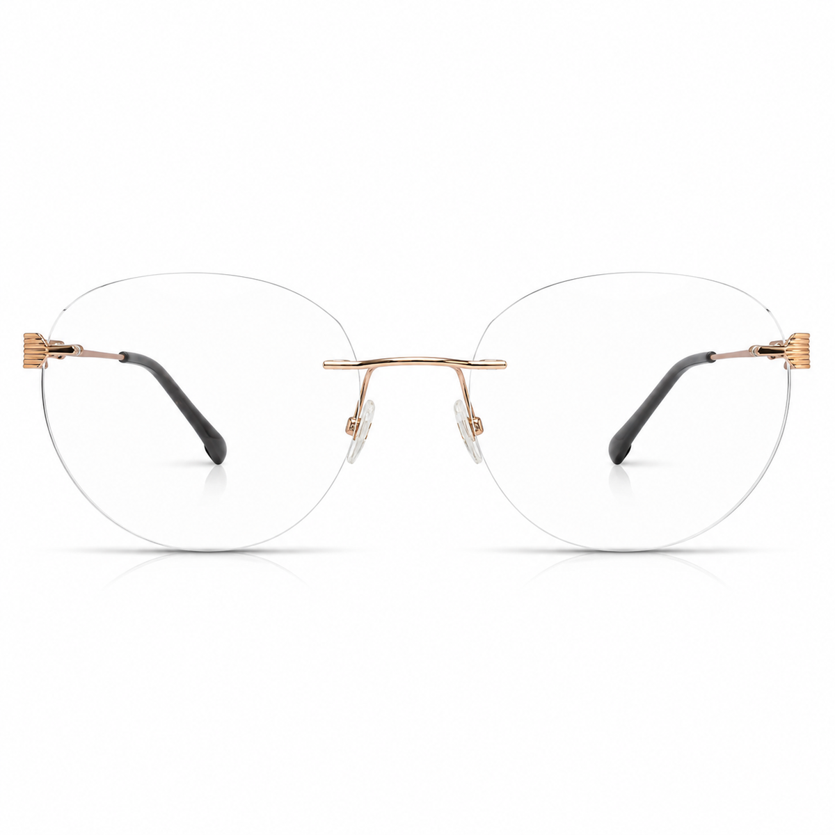 Round eyeglasses with rose gold frame and black arms on a white background