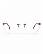 Round eyeglasses with a red frame on a white background