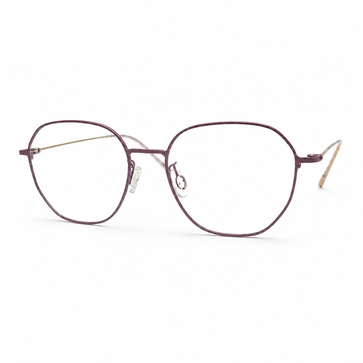 Round eyeglasses with a pink and gold frame on a white background