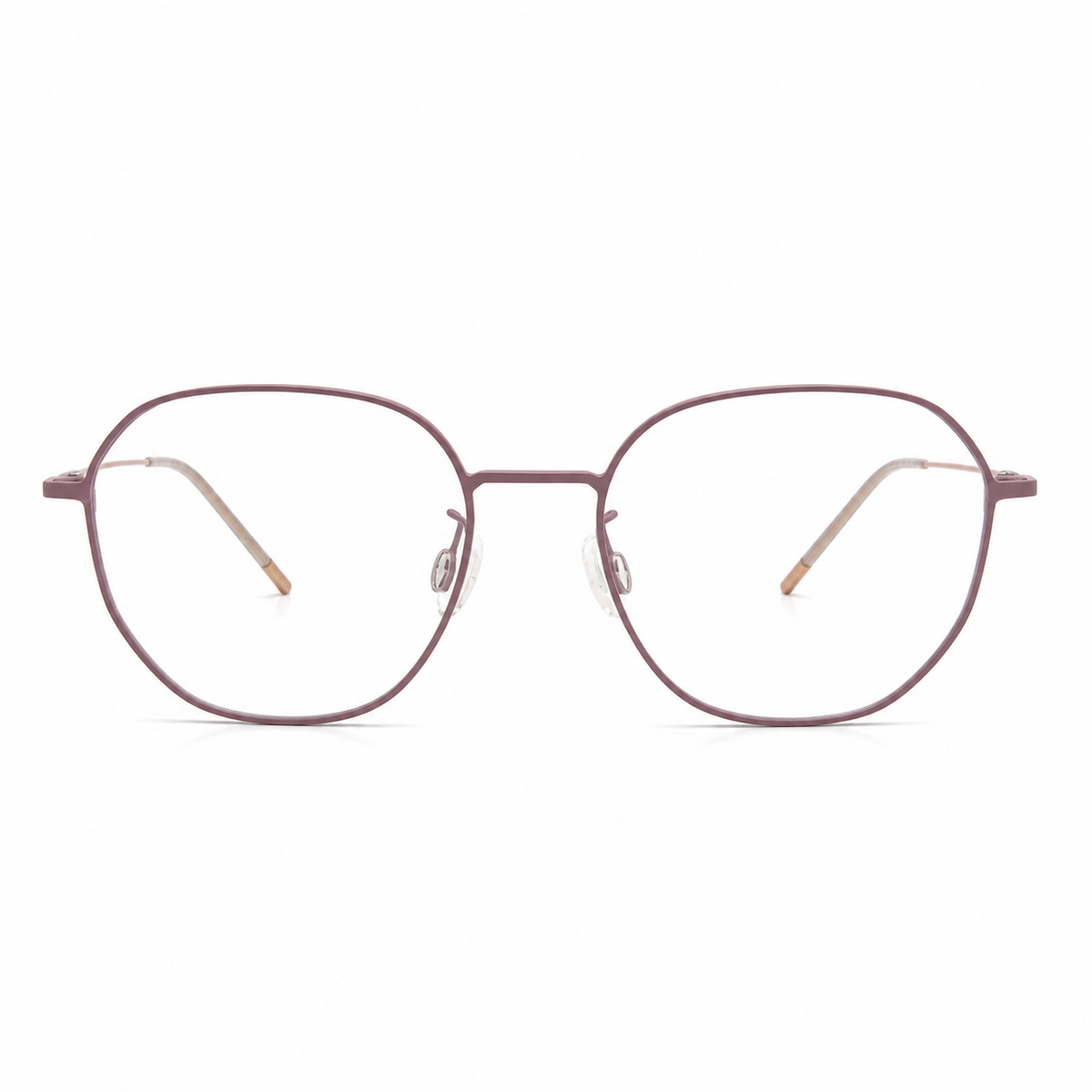 Pair of pink and gold round eyeglasses on a white background