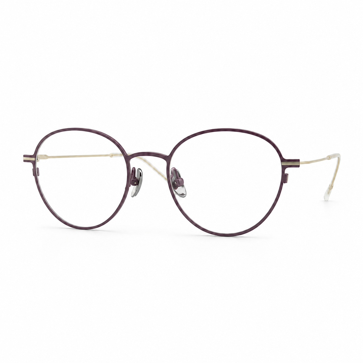 Round purple eyeglasses on a white background