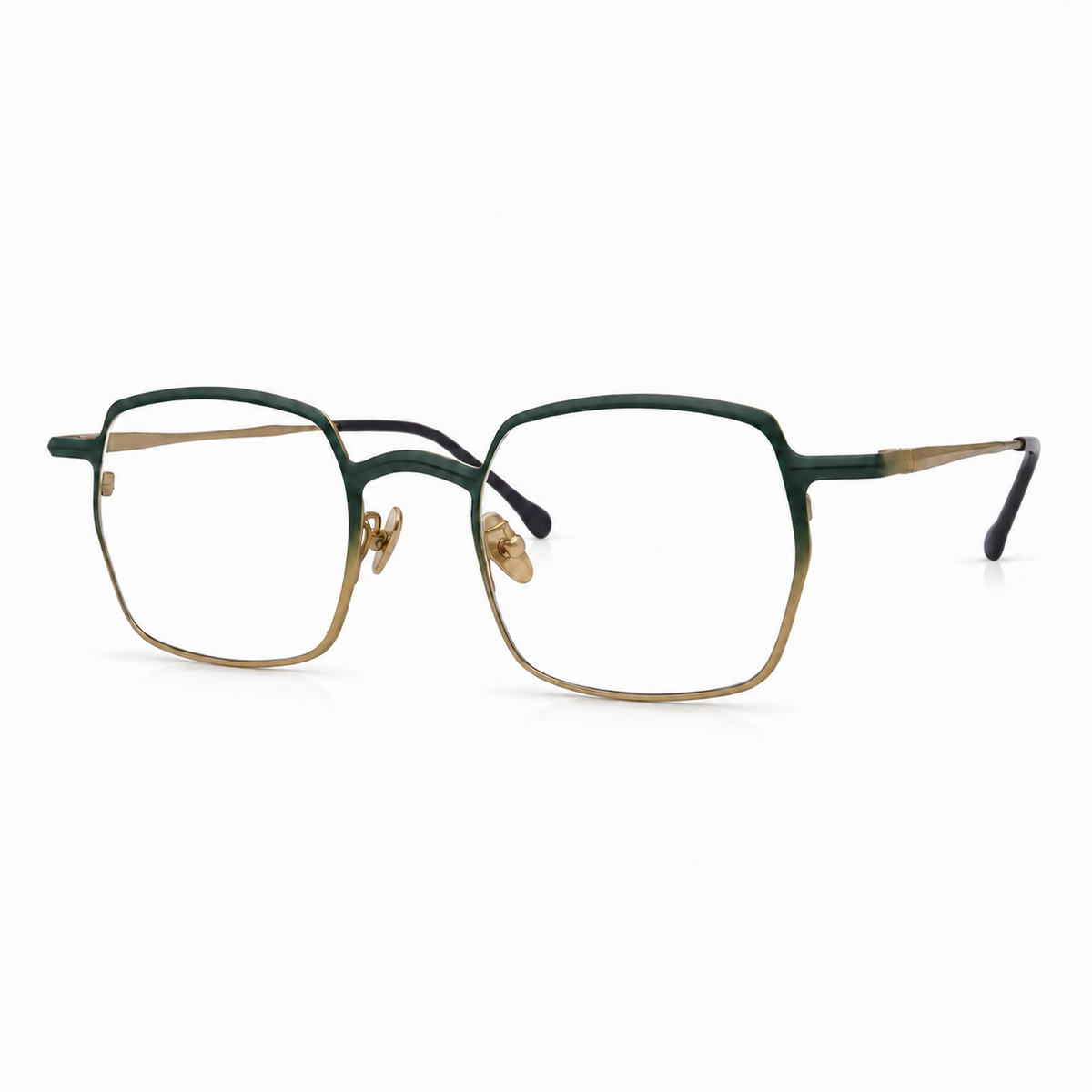 Pair of eyeglasses with a gold and green frame on a white background