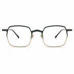 Eyeglasses with a green and gold frame on a white background