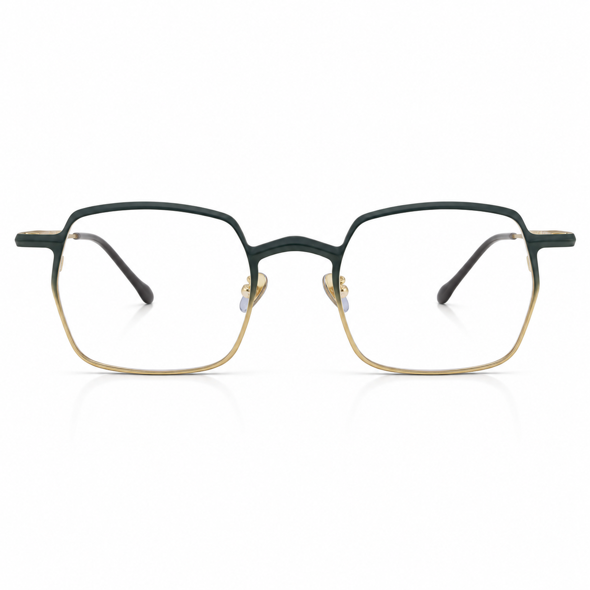 Eyeglasses with a green and gold frame on a white background