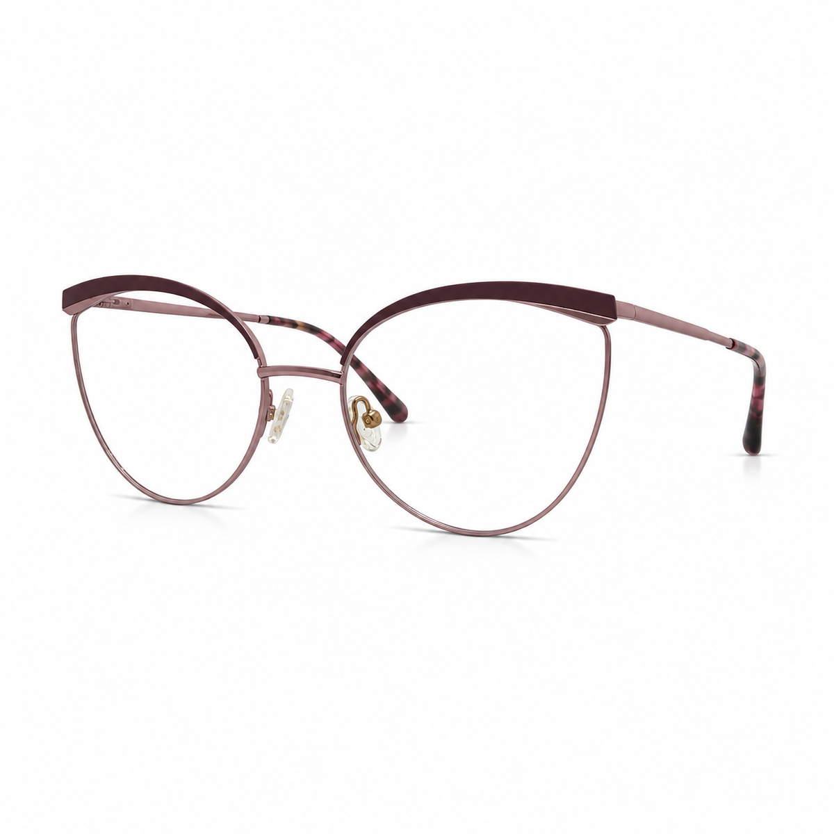 Pair of cat-eye glasses with a rose gold frame on a white background