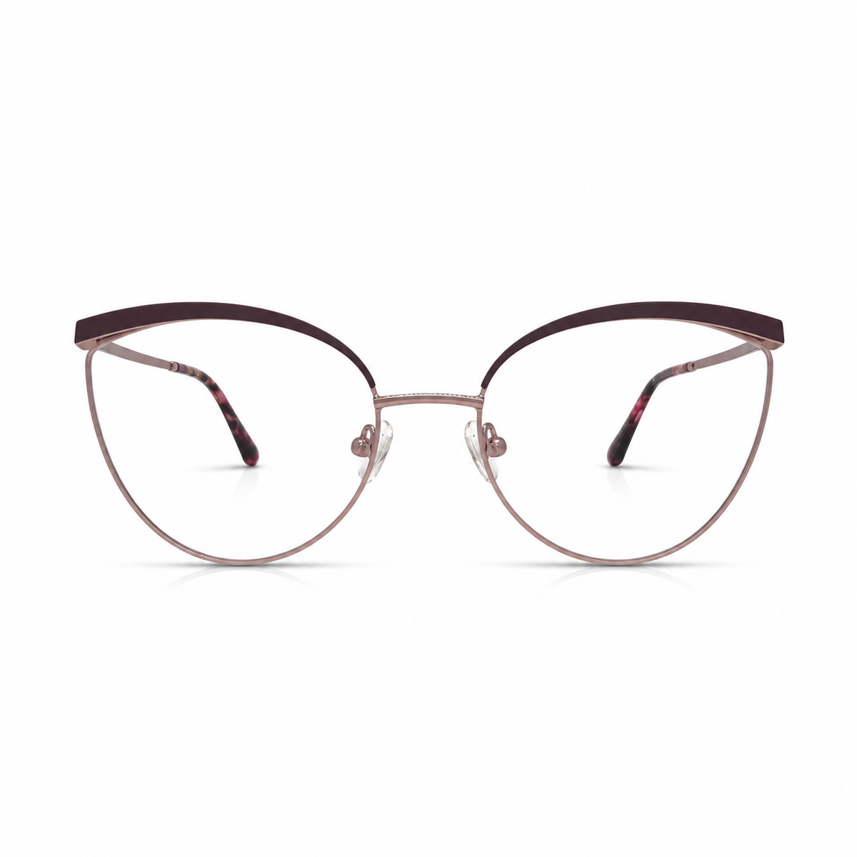 Cat-eye glasses with a rose gold frame on a white background