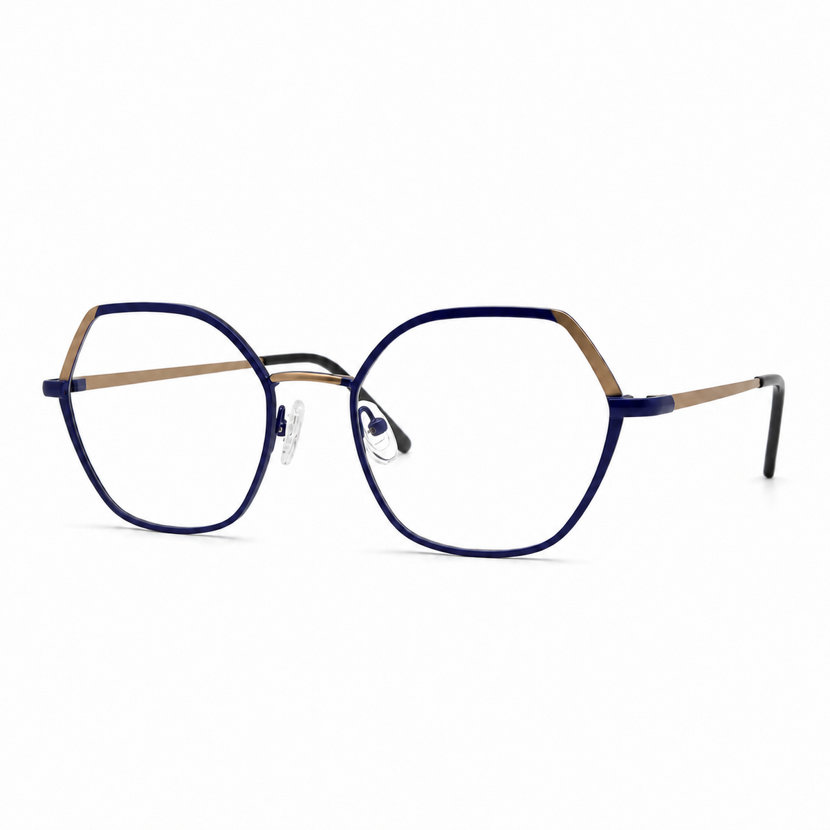Eyeglasses with a blue frame on a white background