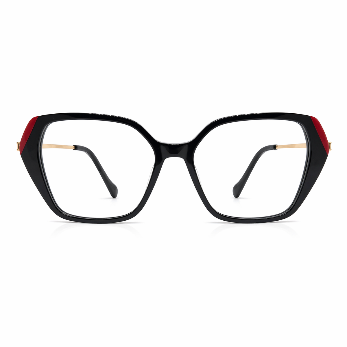 Black eyeglasses with red accents