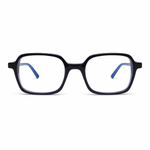 Black eyeglasses with blue temple tips on a white background