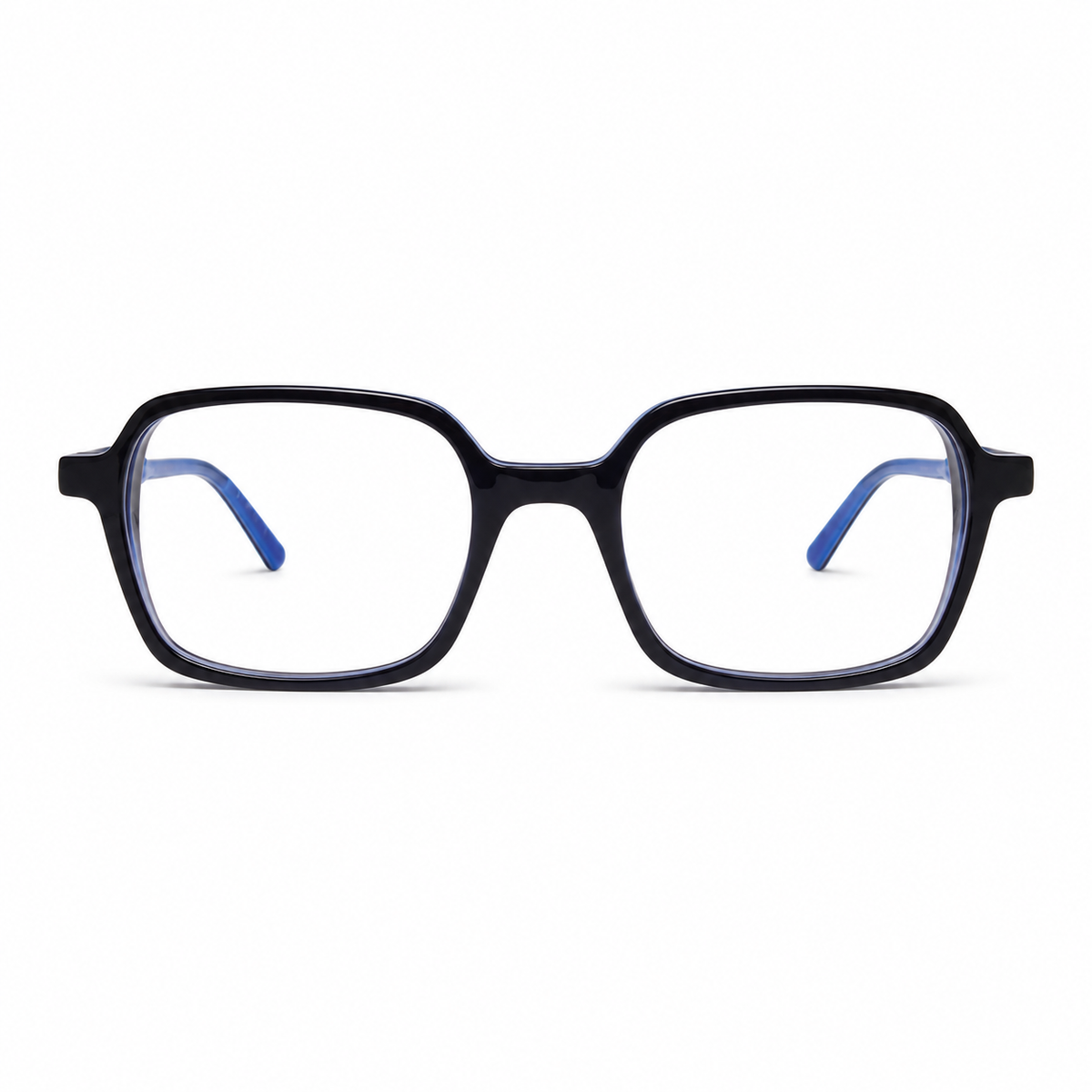 Black eyeglasses with blue temple tips on a white background