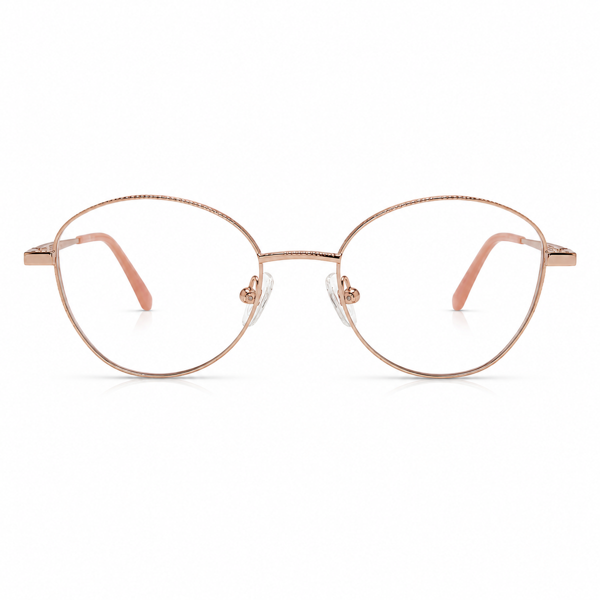 Rose gold round eyeglasses on a white background