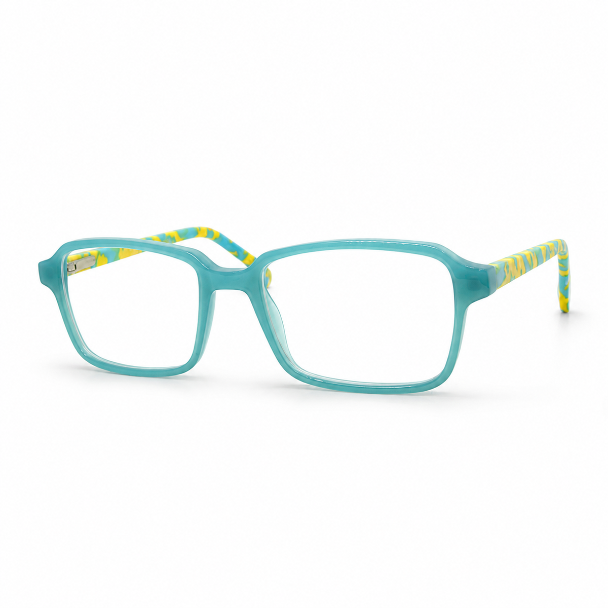Turquoise eyeglasses with yellow accents on a white background