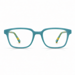 Blue eyeglasses with yellow handles on a white background