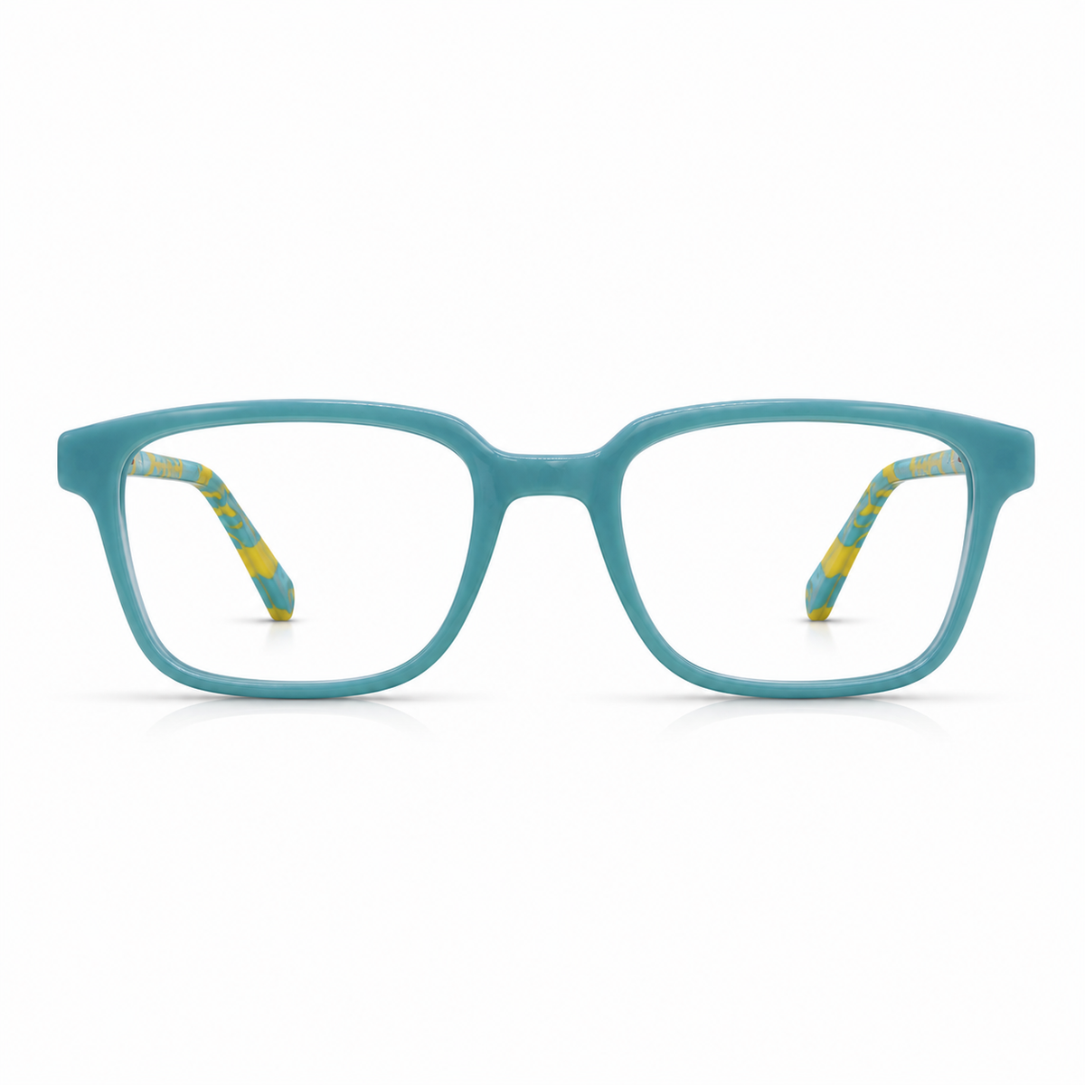 Blue eyeglasses with yellow handles on a white background