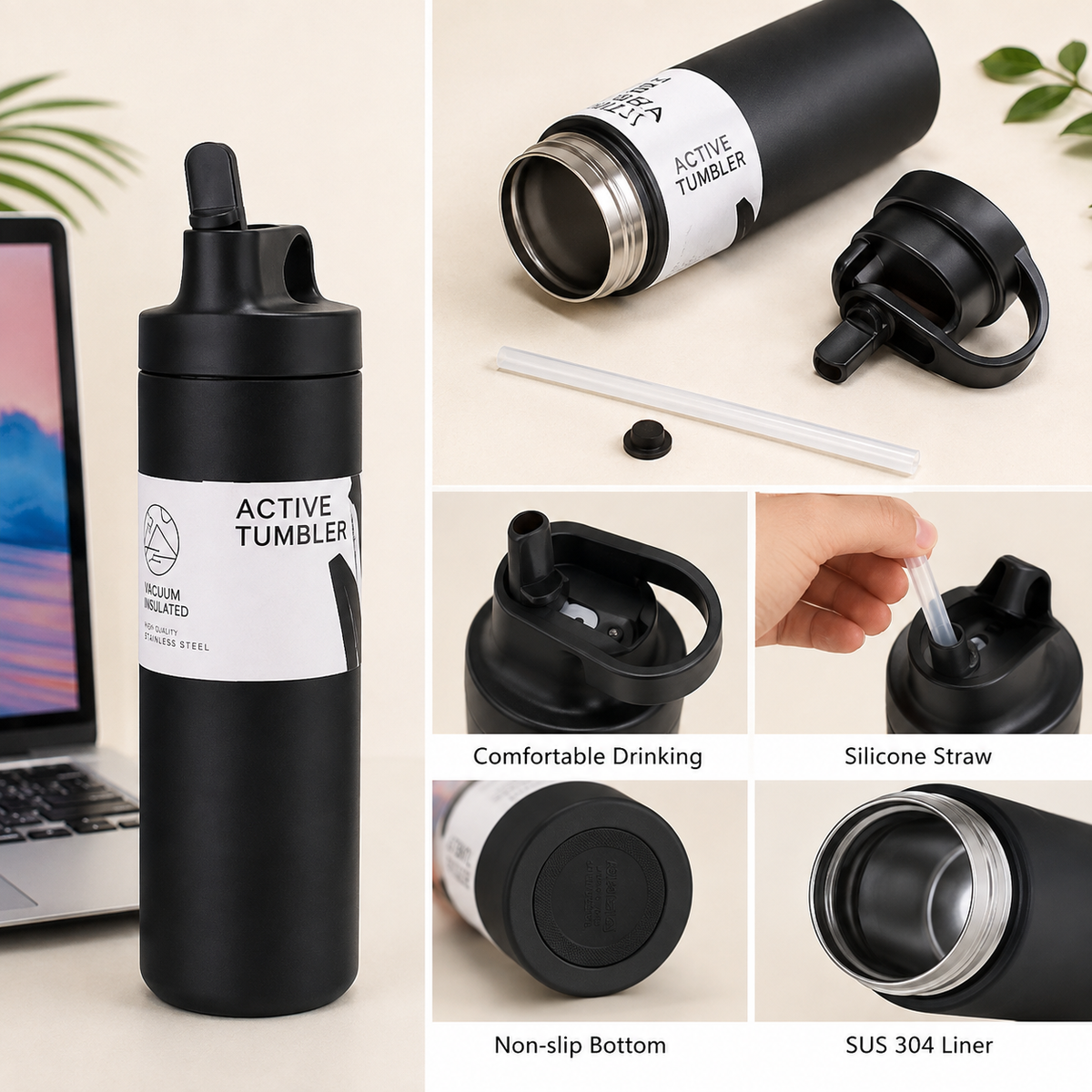 Active Stainless Steel Bottle with Straw 550 ml – Vacuum Insulated