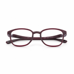 Pair of maroon eyeglasses on a white background