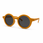 Round sunglasses with orange frame and dark lenses on a white background