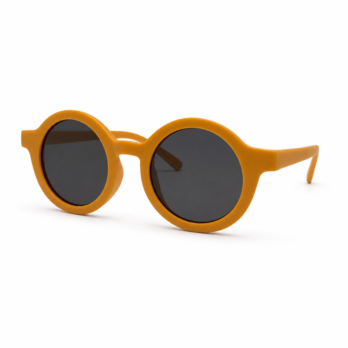 Round sunglasses with orange frame and dark lenses on a white background