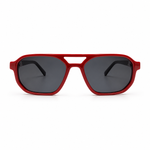 Red sunglasses with dark lenses on a white background