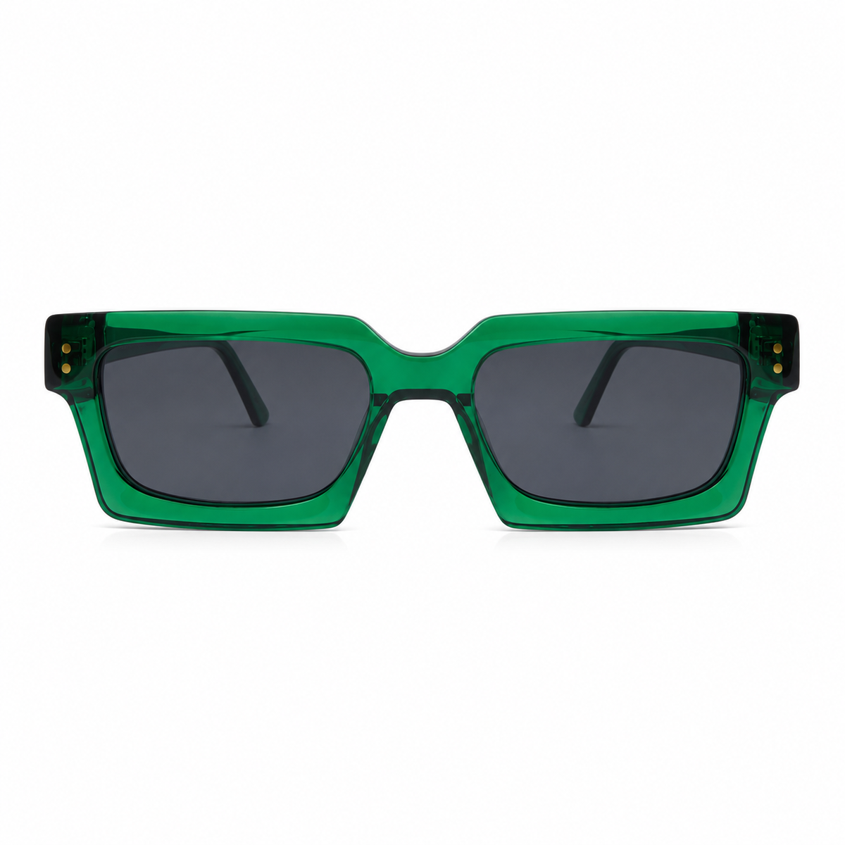 Green sunglasses with dark lenses on a white background