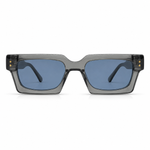 Sunglasses with a gray frame and blue lenses on a white background