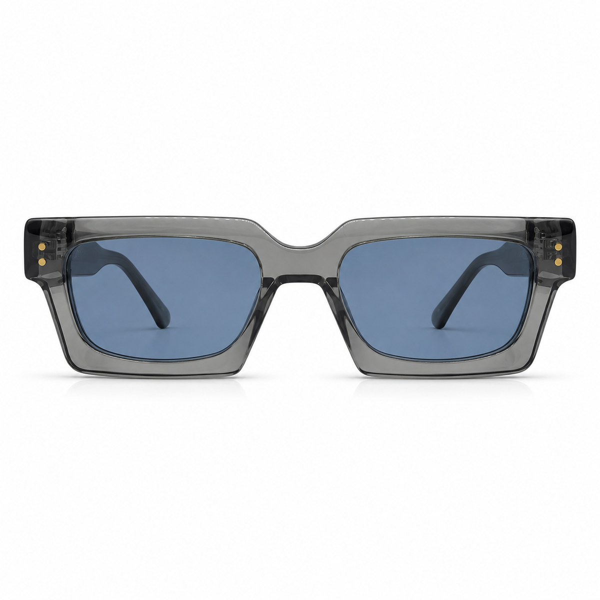 Sunglasses with a gray frame and blue lenses on a white background