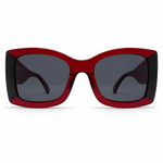 Red square sunglasses with dark lenses on a white background