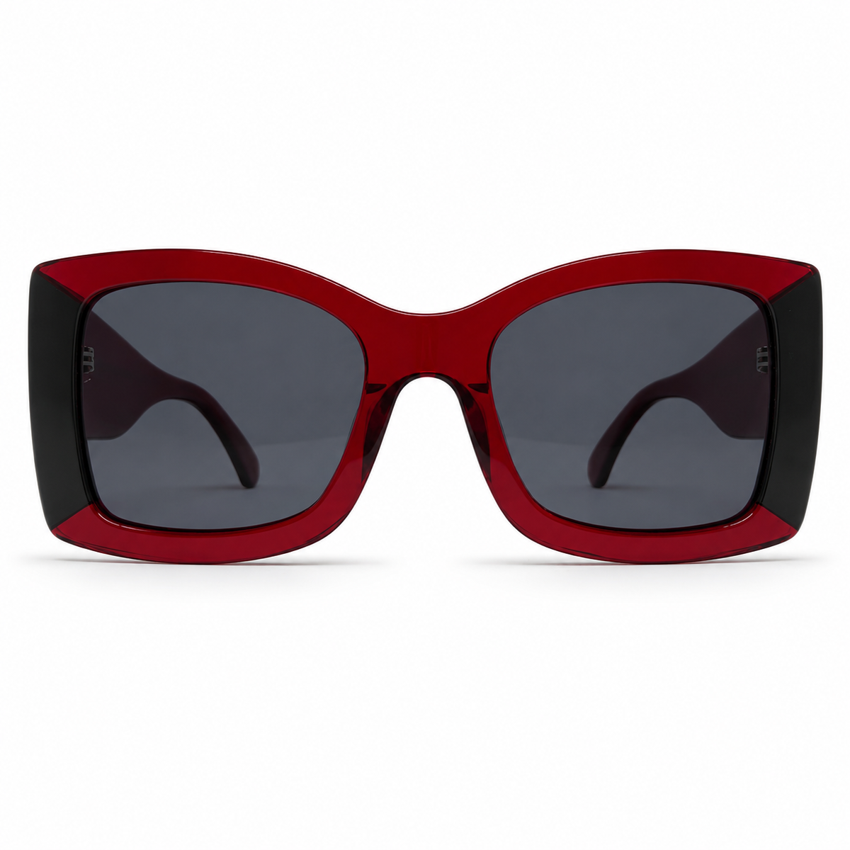 Red square sunglasses with dark lenses on a white background
