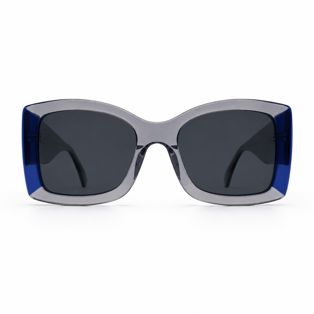 Sunglasses with blue and gray frame on a white background