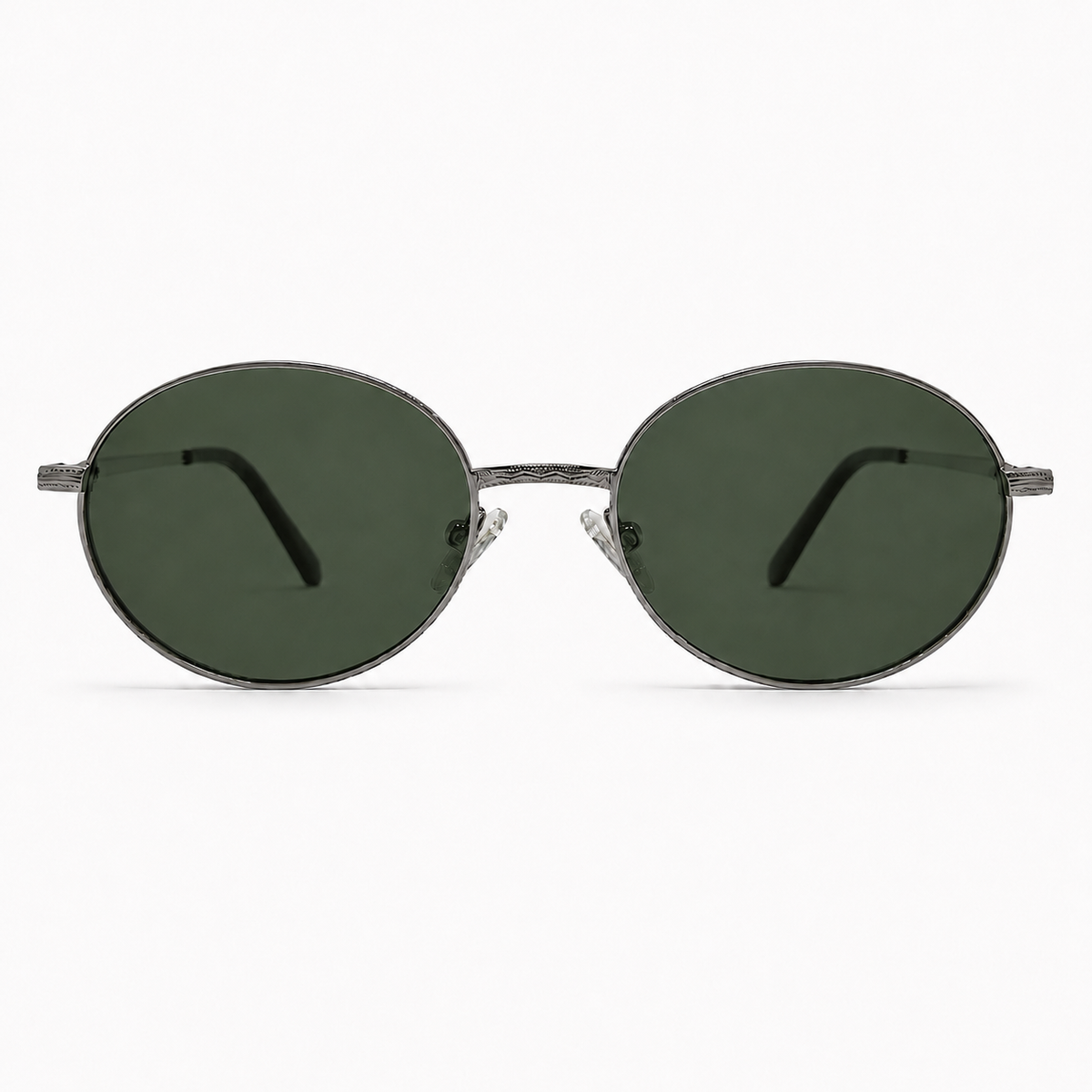 Round sunglasses with dark lenses on a white background