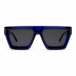Blue sunglasses with dark lenses on a white background