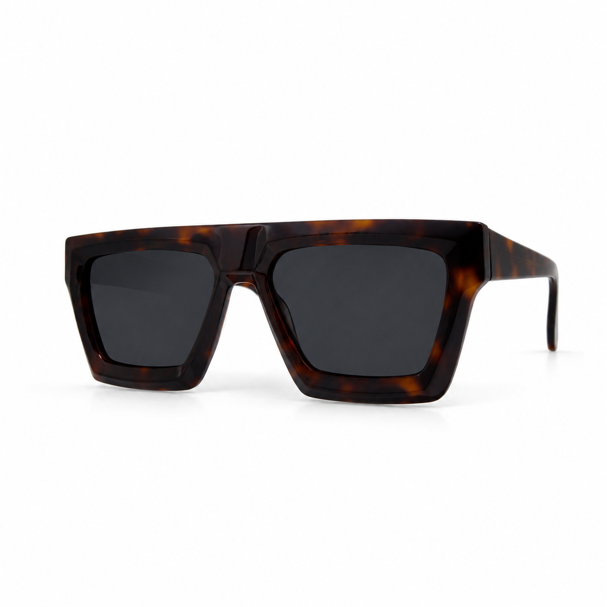 Sunglasses with brown frame and dark lenses on a white background