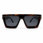 Sunglasses with brown tortoiseshell frame and dark lenses on a white background