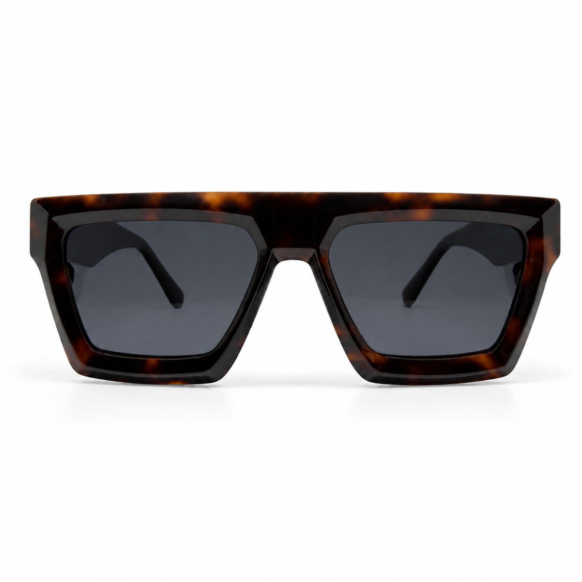 Sunglasses with brown tortoiseshell frame and dark lenses on a white background