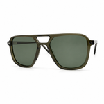 Sunglasses with green frame and dark lenses on a white background