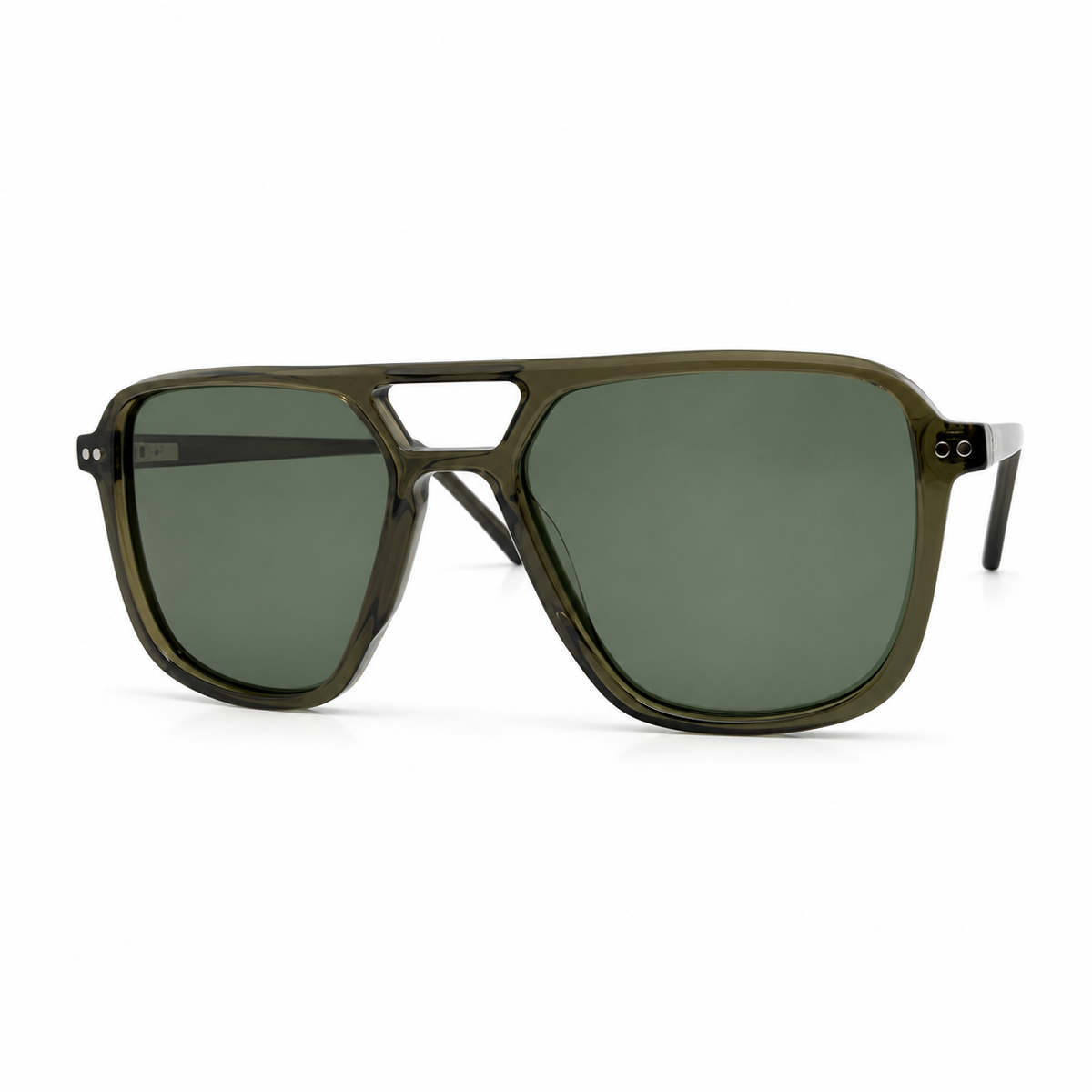 Sunglasses with green frame and dark lenses on a white background