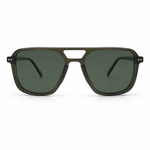 Sunglasses with a green frame and dark lenses on a white background