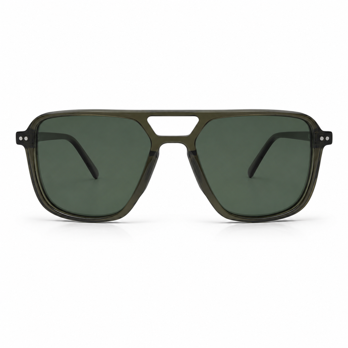Sunglasses with a green frame and dark lenses on a white background
