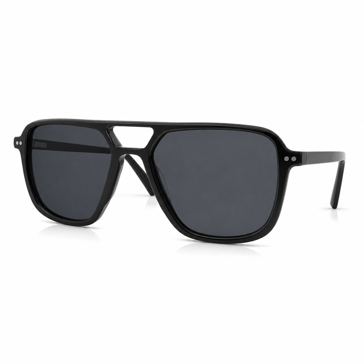 Black aviator sunglasses with dark lenses on a white background