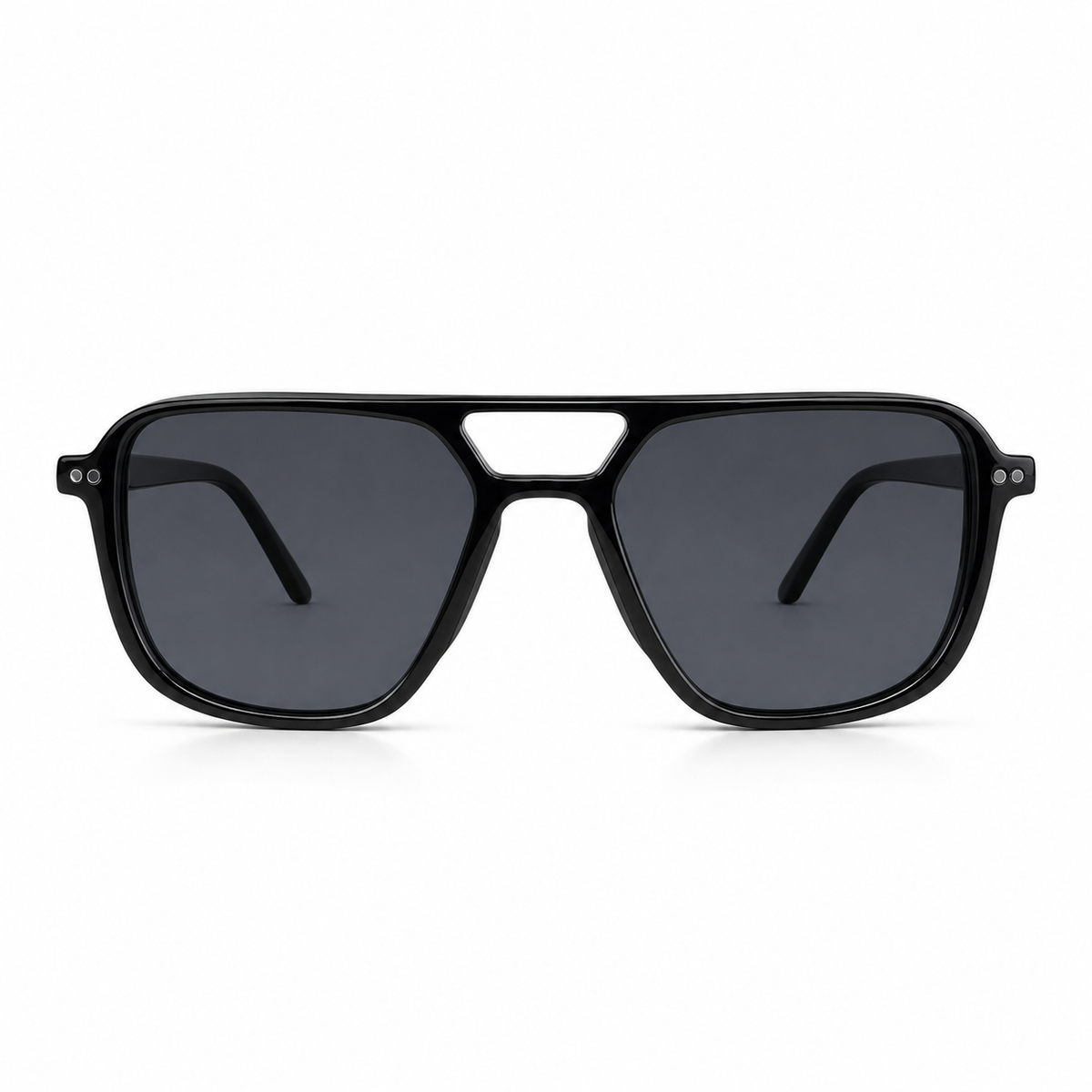 Black sunglasses with dark lenses on a white background