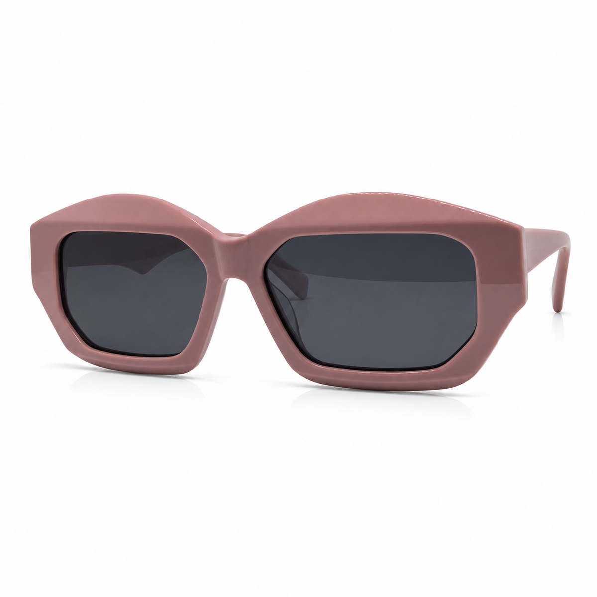 Sunglasses with a pink frame and dark lenses on a white background