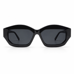 Sunglasses with a geometric frame on a white background