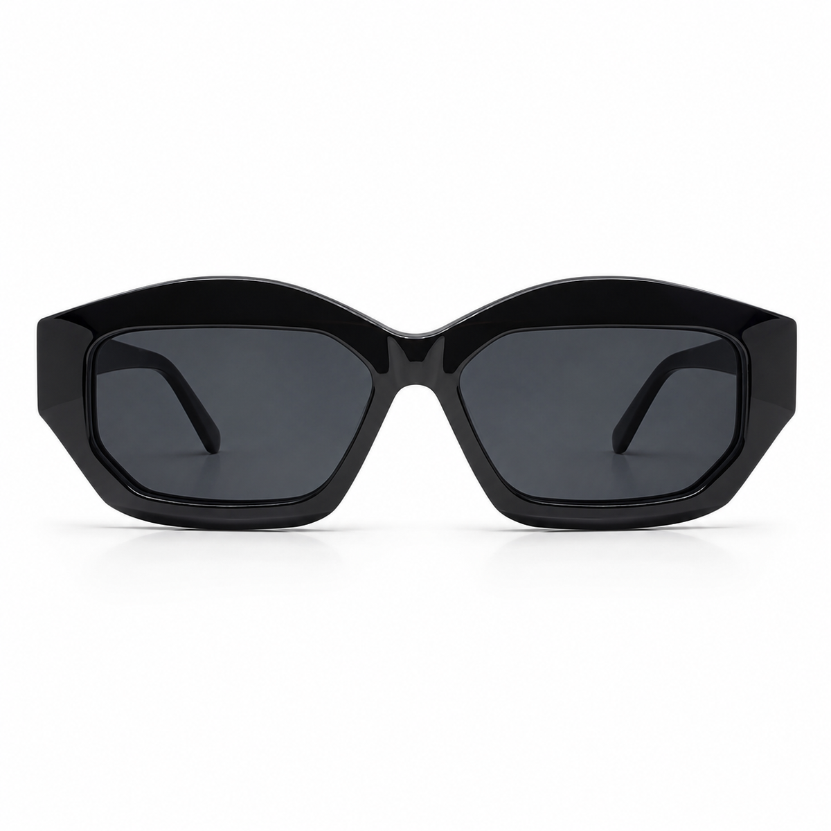 Sunglasses with a geometric frame on a white background