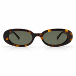 Sunglasses with tortoise frame and dark lenses on a white background