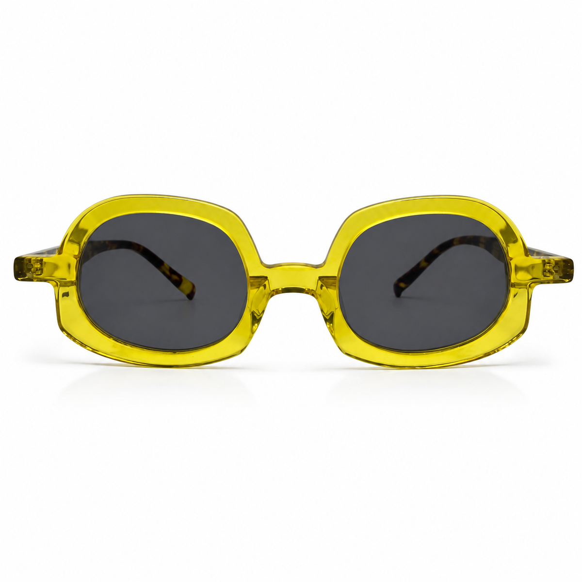 Yellow sunglasses with dark lenses on a white background