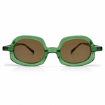 Green sunglasses with brown lenses on a white background